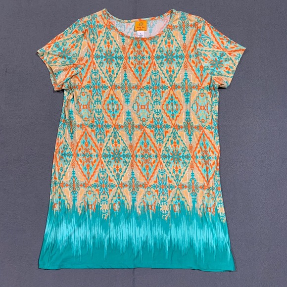 Ruby Rd. Petite Women's Dress PL Orange Turquoise Pattern Short Sleeve - Picture 1 of 5